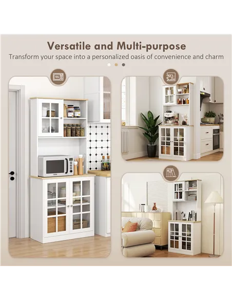 HOMCOM Freestanding Kitchen Cupboard, Storage Cabinet with Doors and Adjustable Shelves, Counter Top, Grid Glass Doors, 80L x 37