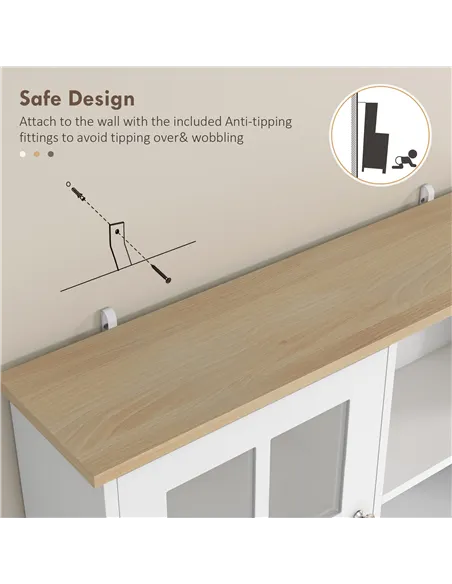 HOMCOM Freestanding Kitchen Cupboard, Storage Cabinet with Doors and Adjustable Shelves, Counter Top, Grid Glass Doors, 80L x 37