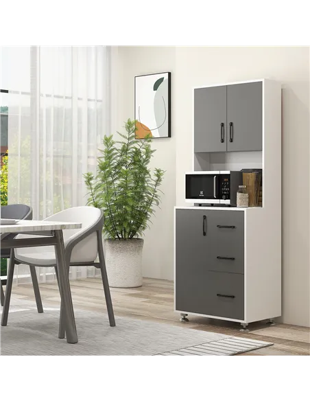HOMCOM Modern Kitchen Cupboard with Storage Cabinets, 3 Drawers and Open Countertop for Living Room, Grey