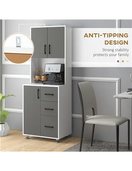 HOMCOM Modern Kitchen Cupboard with Storage Cabinets, 3 Drawers and Open Countertop for Living Room, Grey