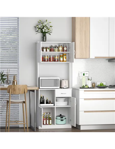 HOMCOM Tall Kitchen Cupboard, Kitchen Cabinet with Doors, Shelves, Drawer and Open Countertop, Storage Cabinet for Living Room, 