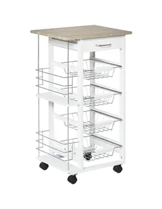 HOMCOM Rolling Kitchen Cart, Utility Storage Cart with 4 Basket Drawers & Side Racks, Wheels for Dining Room, Natural and White