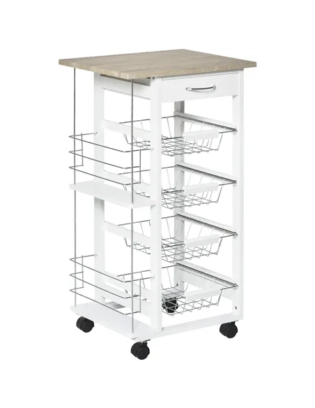 HOMCOM Rolling Kitchen Cart, Utility Storage Cart with 4 Basket Drawers & Side Racks, Wheels for Dining Room, Natural and White