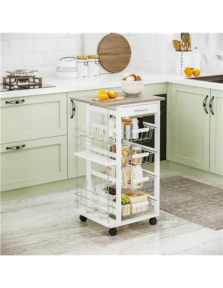 HOMCOM Rolling Kitchen Cart, Utility Storage Cart with 4 Basket Drawers & Side Racks, Wheels for Dining Room, Natural and White