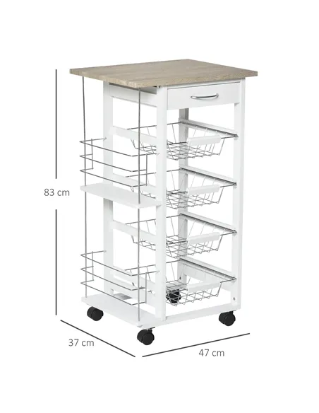 HOMCOM Rolling Kitchen Cart, Utility Storage Cart with 4 Basket Drawers & Side Racks, Wheels for Dining Room, Natural and White