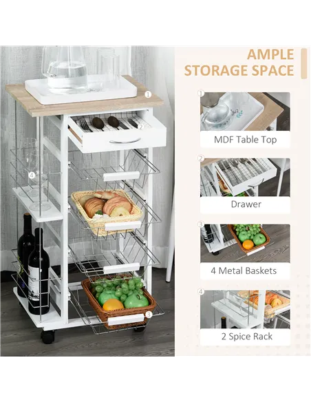 HOMCOM Rolling Kitchen Cart, Utility Storage Cart with 4 Basket Drawers & Side Racks, Wheels for Dining Room, Natural and White