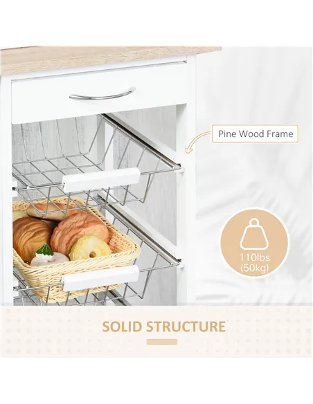 HOMCOM Rolling Kitchen Cart, Utility Storage Cart with 4 Basket Drawers & Side Racks, Wheels for Dining Room, Natural and White