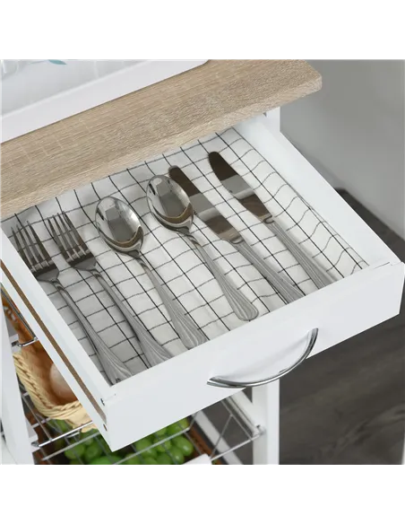 HOMCOM Rolling Kitchen Cart, Utility Storage Cart with 4 Basket Drawers & Side Racks, Wheels for Dining Room, Natural and White