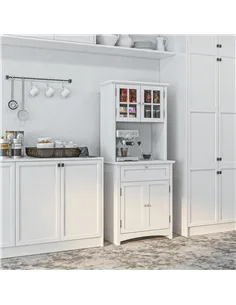 HOMCOM Kitchen Cupboard, Wooden Storage Cabinet with Framed Glass Door, Drawer, Microwave Space for Dining and Living Room, Whit 2