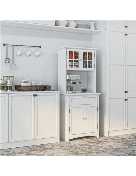 HOMCOM Kitchen Cupboard, Wooden Storage Cabinet with Framed Glass Door, Drawer, Microwave Space for Dining and Living Room, Whit
