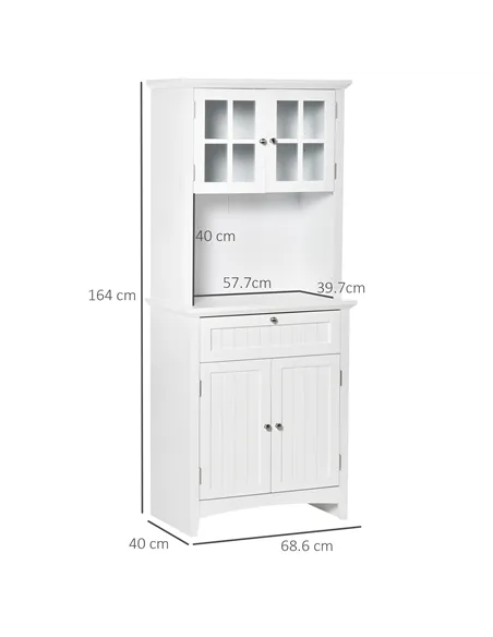 HOMCOM Kitchen Cupboard, Wooden Storage Cabinet with Framed Glass Door, Drawer, Microwave Space for Dining and Living Room, Whit