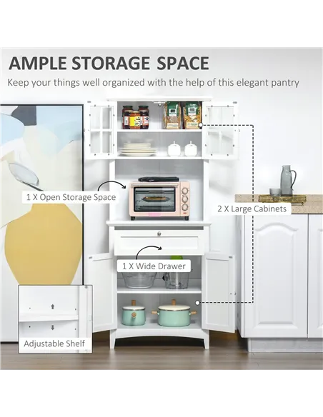 HOMCOM Kitchen Cupboard, Wooden Storage Cabinet with Framed Glass Door, Drawer, Microwave Space for Dining and Living Room, Whit