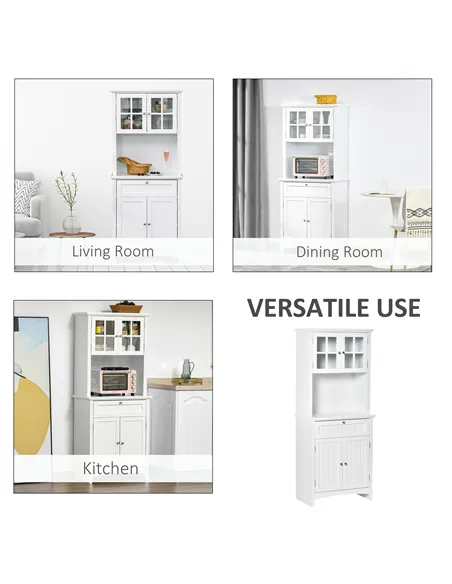 HOMCOM Kitchen Cupboard, Wooden Storage Cabinet with Framed Glass Door, Drawer, Microwave Space for Dining and Living Room, Whit