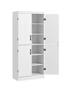 HOMCOM 4-Door Tall Kitchen Cupboard, Freestanding 6-Tier Storage Cabinet with 2 Adjustable Shelves for Living Room, Dining Room,