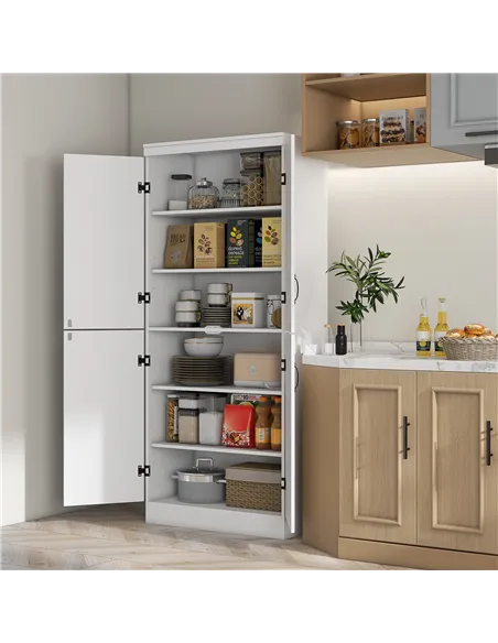 HOMCOM 4-Door Tall Kitchen Cupboard, Freestanding 6-Tier Storage Cabinet with 2 Adjustable Shelves for Living Room, Dining Room,