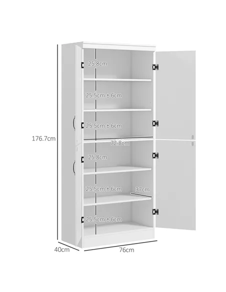 HOMCOM 4-Door Tall Kitchen Cupboard, Freestanding 6-Tier Storage Cabinet with 2 Adjustable Shelves for Living Room, Dining Room,