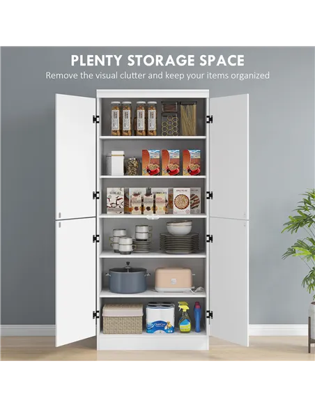 HOMCOM 4-Door Tall Kitchen Cupboard, Freestanding 6-Tier Storage Cabinet with 2 Adjustable Shelves for Living Room, Dining Room,