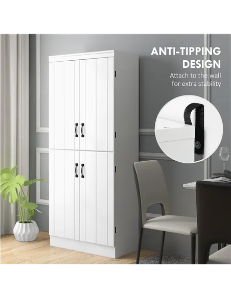HOMCOM 4-Door Tall Kitchen Cupboard, Freestanding 6-Tier Storage Cabinet with 2 Adjustable Shelves for Living Room, Dining Room,