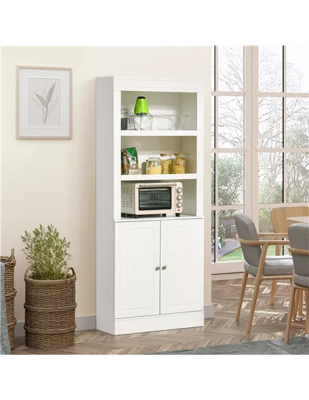 HOMCOM Kitchen Cupboard with 6-tier Shelving, Freestanding Storage Cabinet, Pantry Cupboard with 3 Open Compartments and Double-