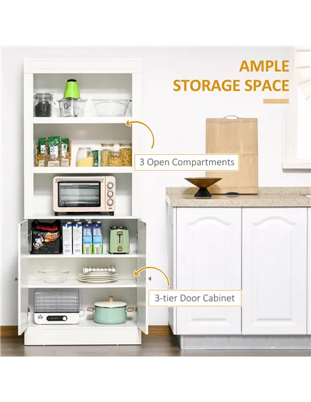 HOMCOM Kitchen Cupboard with 6-tier Shelving, Freestanding Storage Cabinet, Pantry Cupboard with 3 Open Compartments and Double-