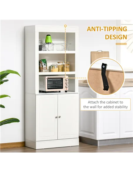 HOMCOM Kitchen Cupboard with 6-tier Shelving, Freestanding Storage Cabinet, Pantry Cupboard with 3 Open Compartments and Double-