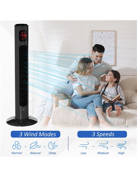 HOMCOM 38'' Freestanding Tower Fan, 3 Speed 3 Mode, 12h Timer, 70 Degree Oscillation, LED Panel, 5M Remote Controller, Dark Grey