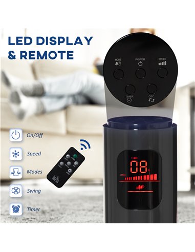 HOMCOM 38'' Freestanding Tower Fan, 3 Speed 3 Mode, 12h Timer, 70 Degree Oscillation, LED Panel, 5M Remote Controller, Dark Grey