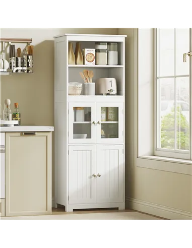 HOMCOM Freestanding Kitchen Cupboard, 4-Door Storage Cabinet with Adjustable Shelf and Glass Doors for Dining Room, Living Room,