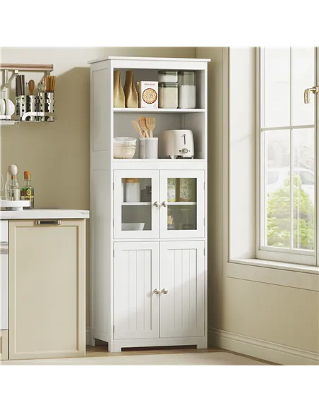 HOMCOM Freestanding Kitchen Cupboard, 4-Door Storage Cabinet with Adjustable Shelf and Glass Doors for Dining Room, Living Room,