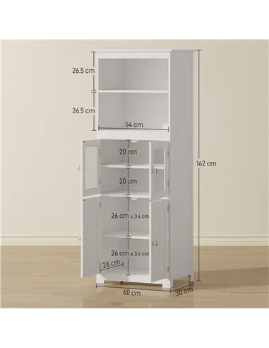 HOMCOM Freestanding Kitchen Cupboard, 4-Door Storage Cabinet with Adjustable Shelf and Glass Doors for Dining Room, Living Room,