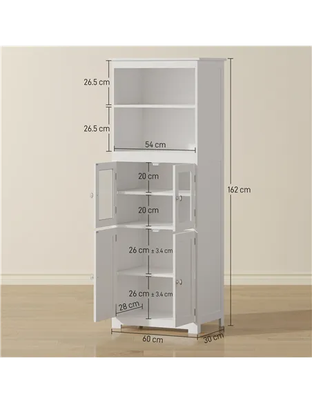 HOMCOM Freestanding Kitchen Cupboard, 4-Door Storage Cabinet with Adjustable Shelf and Glass Doors for Dining Room, Living Room,