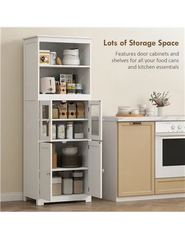 HOMCOM Freestanding Kitchen Cupboard, 4-Door Storage Cabinet with Adjustable Shelf and Glass Doors for Dining Room, Living Room,