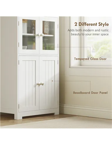 HOMCOM Freestanding Kitchen Cupboard, 4-Door Storage Cabinet with Adjustable Shelf and Glass Doors for Dining Room, Living Room,