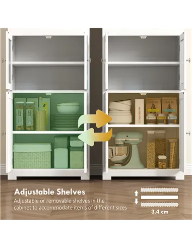 HOMCOM Freestanding Kitchen Cupboard, 4-Door Storage Cabinet with Adjustable Shelf and Glass Doors for Dining Room, Living Room,