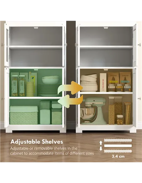 HOMCOM Freestanding Kitchen Cupboard, 4-Door Storage Cabinet with Adjustable Shelf and Glass Doors for Dining Room, Living Room,