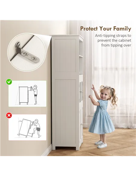 HOMCOM Freestanding Kitchen Cupboard, 4-Door Storage Cabinet with Adjustable Shelf and Glass Doors for Dining Room, Living Room,