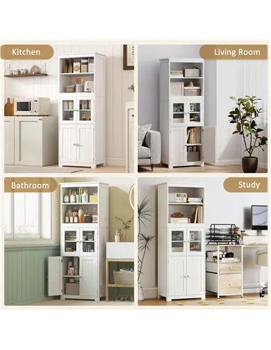 HOMCOM Freestanding Kitchen Cupboard, 4-Door Storage Cabinet with Adjustable Shelf and Glass Doors for Dining Room, Living Room,