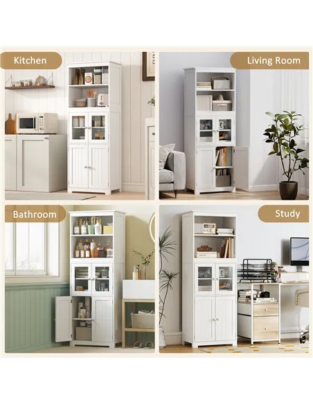 HOMCOM Freestanding Kitchen Cupboard, 4-Door Storage Cabinet with Adjustable Shelf and Glass Doors for Dining Room, Living Room,