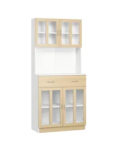 HOMCOM Modern Kitchen Cupboard, Freestanding Storage Cabinet Hutch with Central Drawer, 2 Glass Door Cabinets and Countertop, 18
