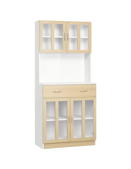 HOMCOM Modern Kitchen Cupboard, Freestanding Storage Cabinet Hutch with Central Drawer, 2 Glass Door Cabinets and Countertop, 18