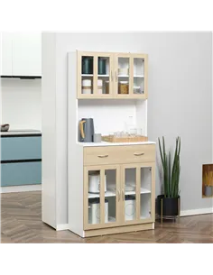 HOMCOM Modern Kitchen Cupboard, Freestanding Storage Cabinet Hutch with Central Drawer, 2 Glass Door Cabinets and Countertop, 18 2