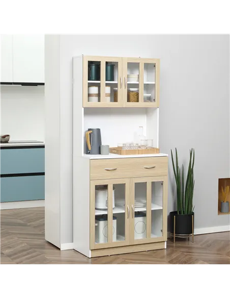 HOMCOM Modern Kitchen Cupboard, Freestanding Storage Cabinet Hutch with Central Drawer, 2 Glass Door Cabinets and Countertop, 18