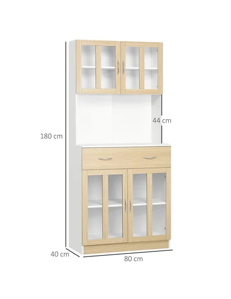 HOMCOM Modern Kitchen Cupboard, Freestanding Storage Cabinet Hutch with Central Drawer, 2 Glass Door Cabinets and Countertop, 18