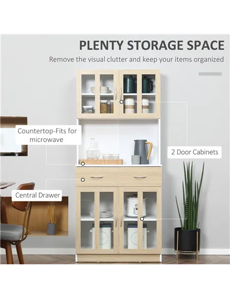 HOMCOM Modern Kitchen Cupboard, Freestanding Storage Cabinet Hutch with Central Drawer, 2 Glass Door Cabinets and Countertop, 18