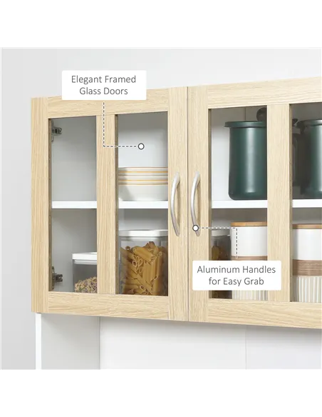 HOMCOM Modern Kitchen Cupboard, Freestanding Storage Cabinet Hutch with Central Drawer, 2 Glass Door Cabinets and Countertop, 18