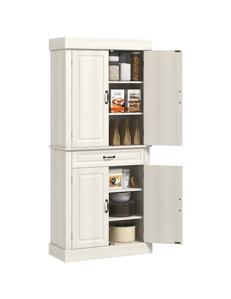 HOMCOM Kitchen Cupboard with 4 Doors, Freestanding Storage Cabinet with Wide Drawer and Shelves for Living Room, 180cm, White Wo
