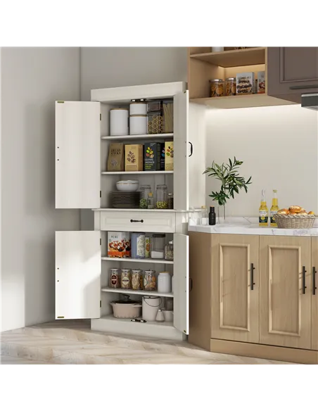 HOMCOM Kitchen Cupboard with 4 Doors, Freestanding Storage Cabinet with Wide Drawer and Shelves for Living Room, 180cm, White Wo