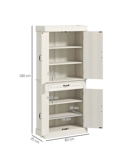 HOMCOM Kitchen Cupboard with 4 Doors, Freestanding Storage Cabinet with Wide Drawer and Shelves for Living Room, 180cm, White Wo