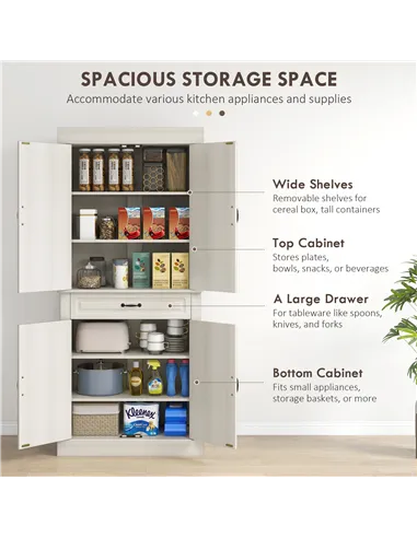 HOMCOM Kitchen Cupboard with 4 Doors, Freestanding Storage Cabinet with Wide Drawer and Shelves for Living Room, 180cm, White Wo