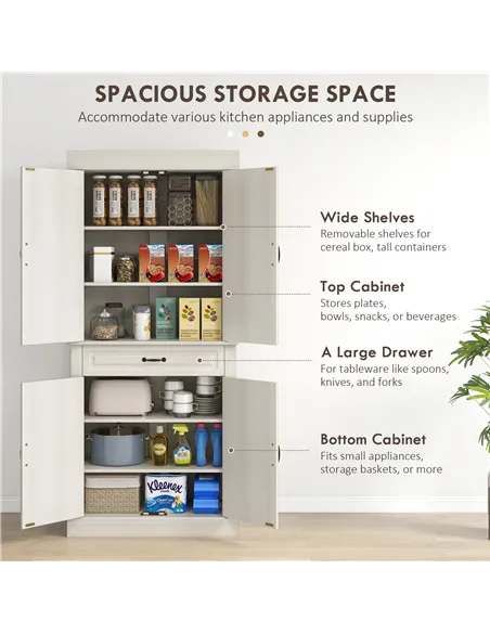 HOMCOM Kitchen Cupboard with 4 Doors, Freestanding Storage Cabinet with Wide Drawer and Shelves for Living Room, 180cm, White Wo